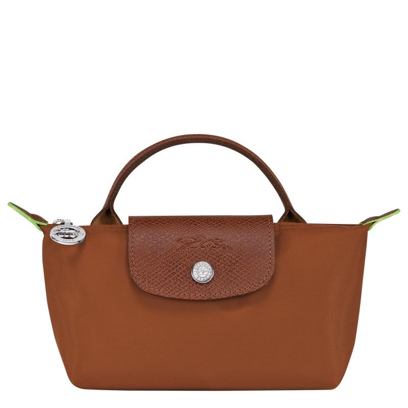 Cognac Brown Women\'s Longchamp Le Pliage Green with handle Pouches | WRDVQ-7296